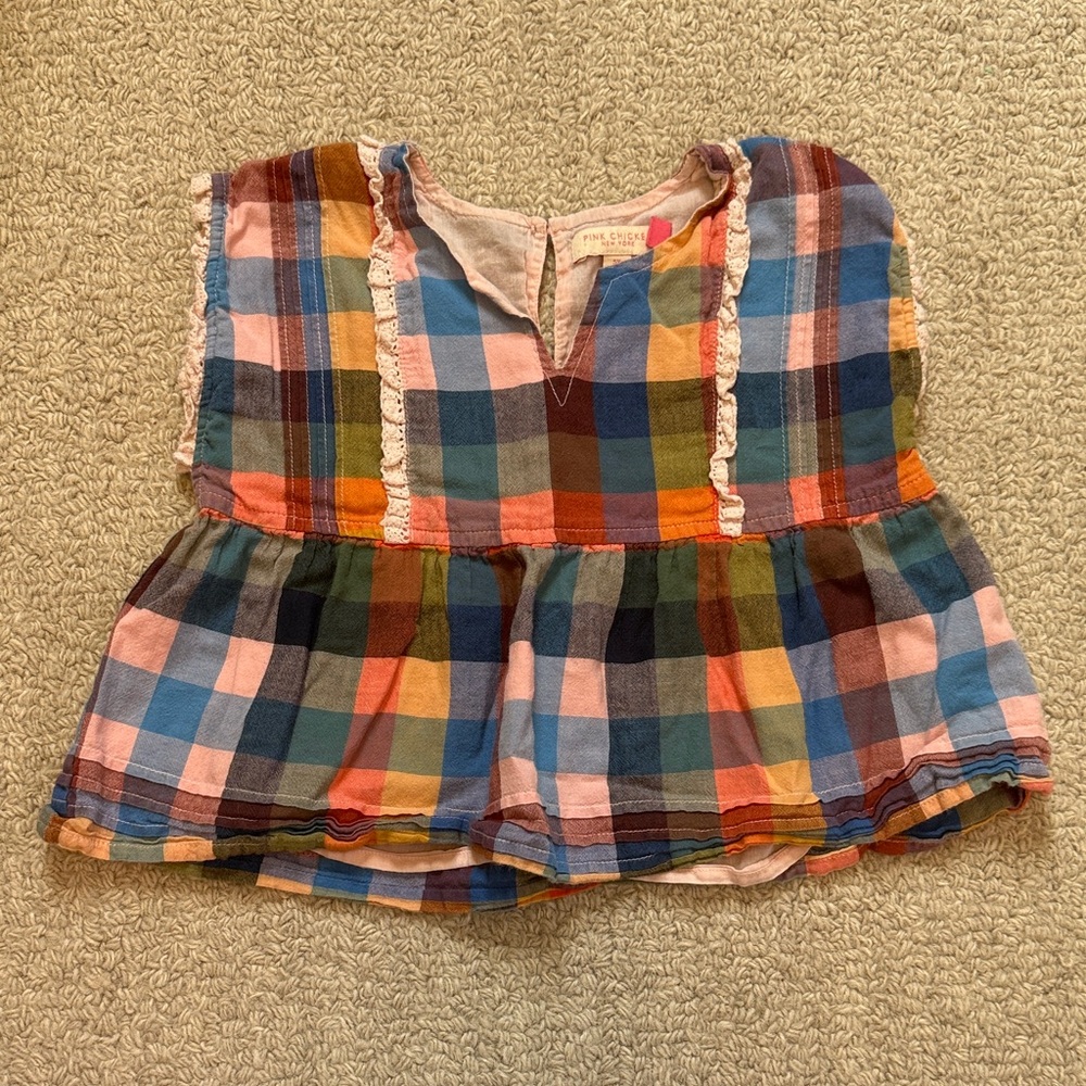 Pink Chicken Multicolor Plaid Ruffle Hem Top - Pink, Blue, Green, Yellow